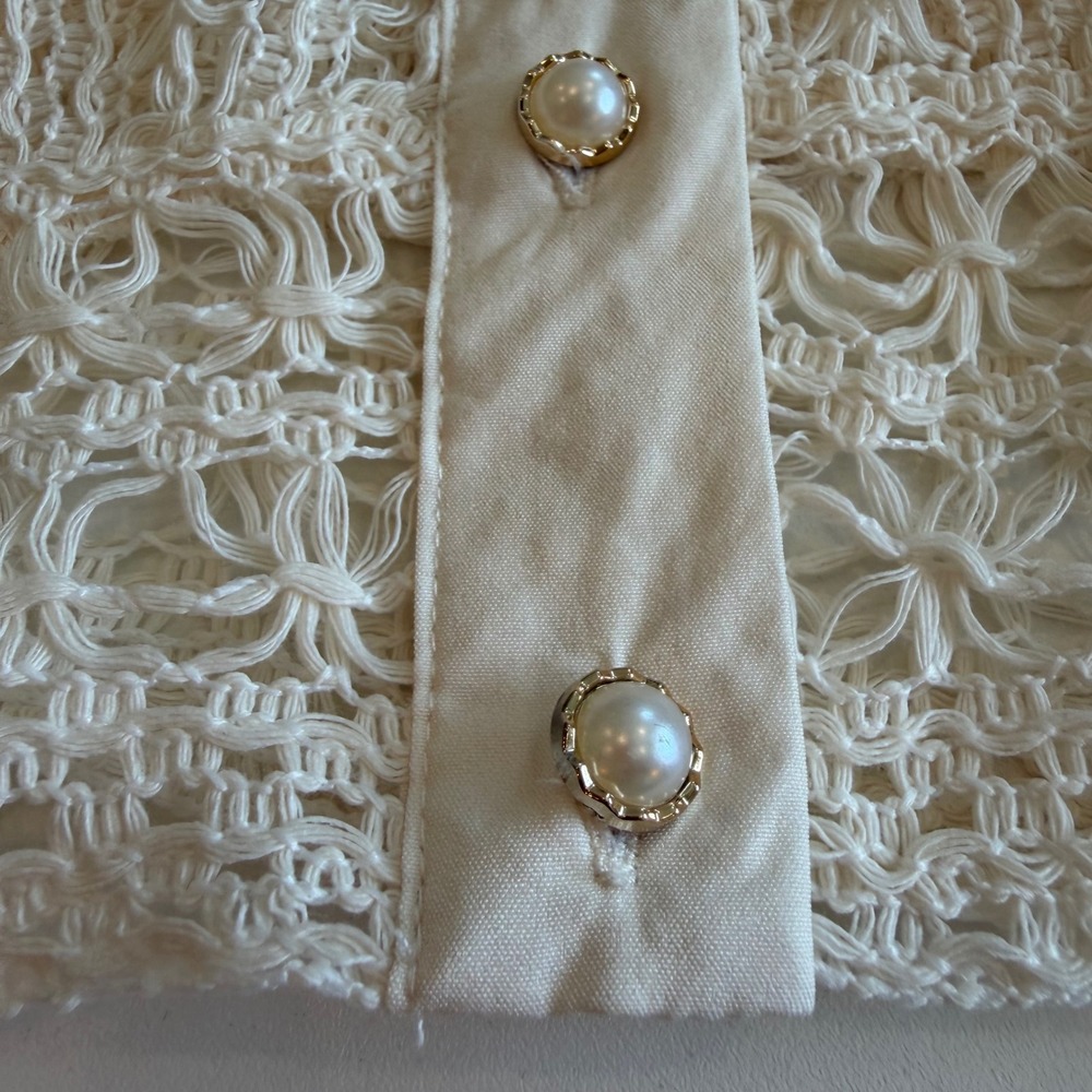 Cream Crochet Open Knit Cropped Cardigan Faux Pearl Buttons Ivory Large - Picture 5 of 5